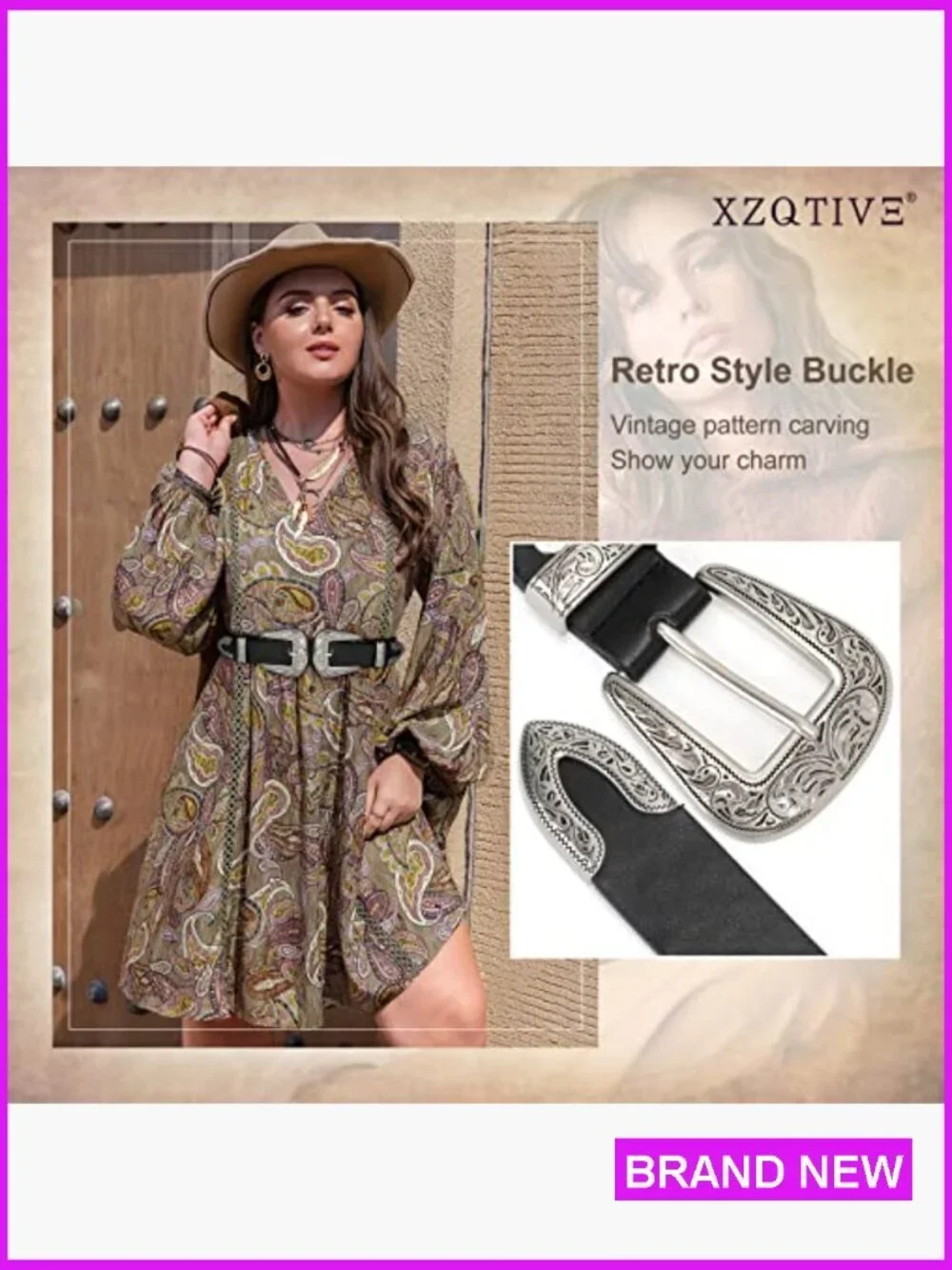 Vintage Western Leather Belt Retro Cowgirl Adjustable Double Buckle Classic